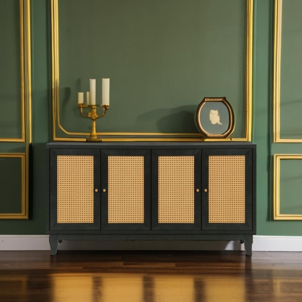 AMNOOL Rattan Accent Sideboard Storage Cabinet Console Table w/4 Doors Dark Gray
