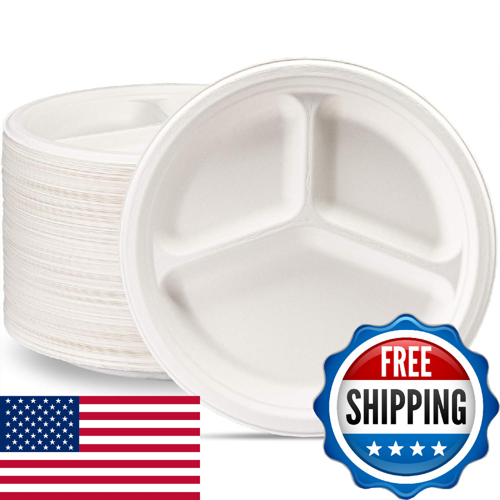 GUSTO 10" 3-Compartment Compostable Plates 125-Pack White Heavy-Duty Disposable