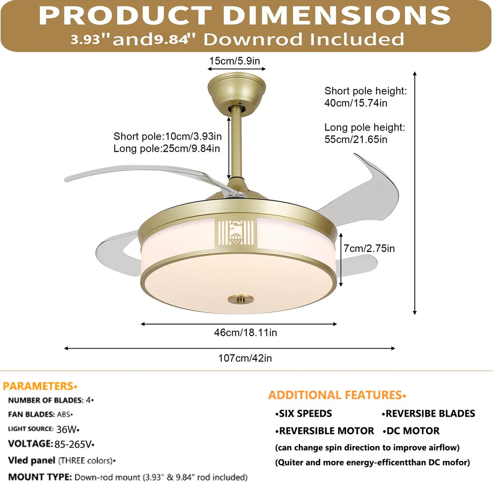 42 inches Modern Ceiling Fan Tri-color temperature LED Light with Remote Control