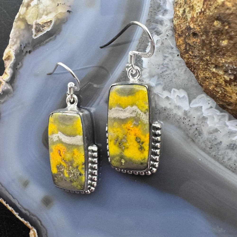 Sterling Southwestern Style Rectangle Eclipse Jasper Decorated Dangle Earrings