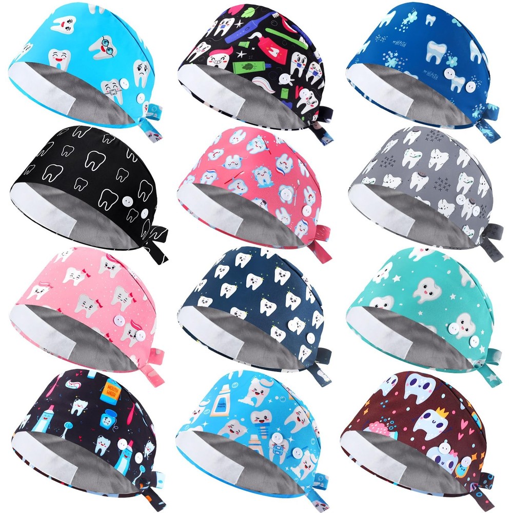 12 Pcs Nurse Caps Satin Lined Scrub Working Caps with Button Sweatband Adjust...