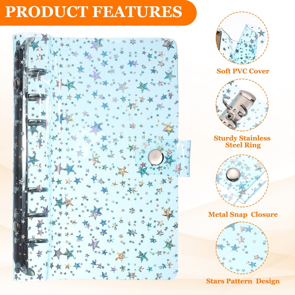 A6 Binder Cover, Stars Refillable Notebook Shell with Snap Button, Blue