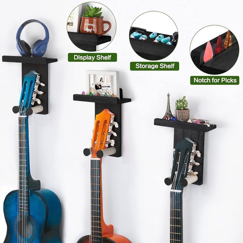 Rustic Wood Guitar Wall Mount 3-Pack - Matte Black