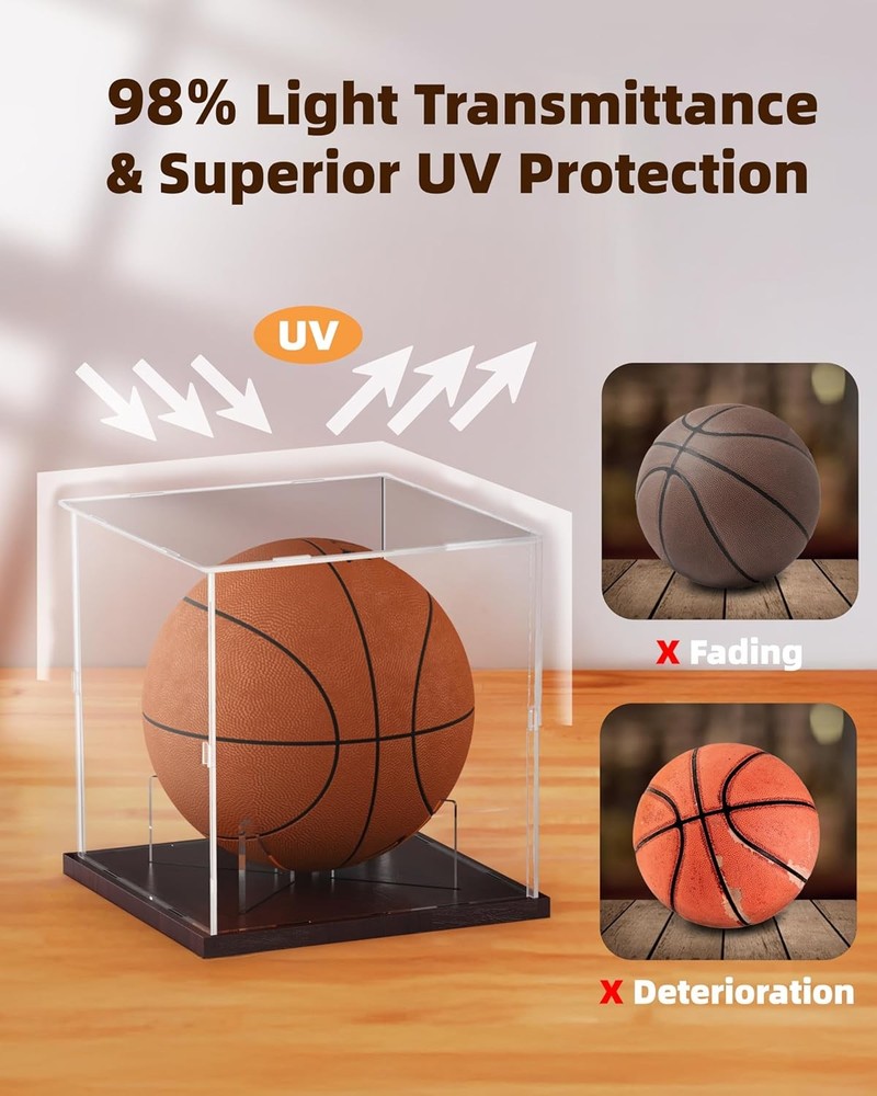 Basketball Display Case Acrylic Clear, UV Protected Stand Walnut