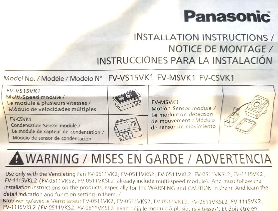 (NEW) PANASONIC FV-MSVK1 WHISPERGREEN SELECT MOTION SENSOR MODULE