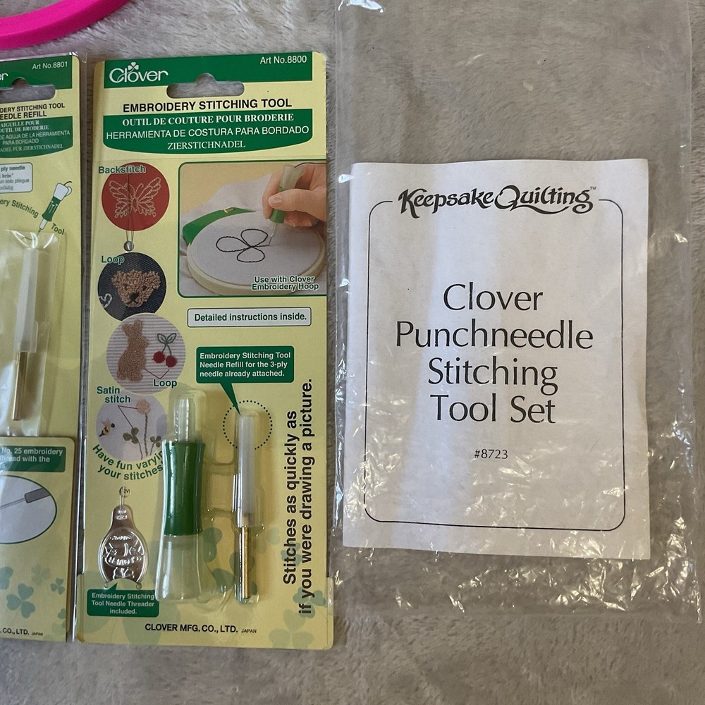 Clover Punchneedle Stitching Tool Kit Set Refill Threader Plus Hoop 8723 Japan