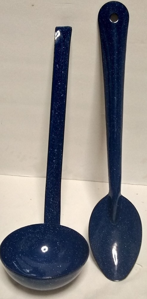 Blue White Speckle Enamel Soup Ladle Dipper Server Pot Spoon Camping Enamelware