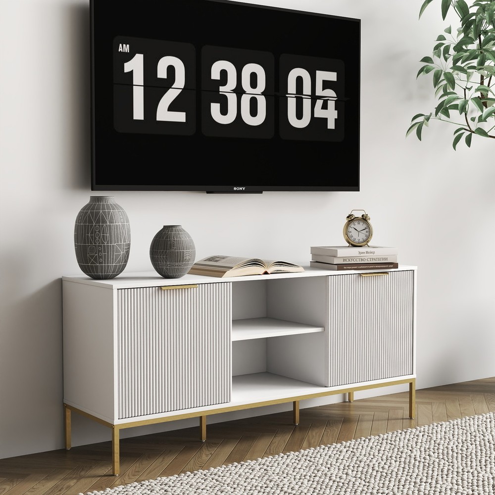 Modern TV Stand with Wave-Design Doors, Open Shelf & Adjustable