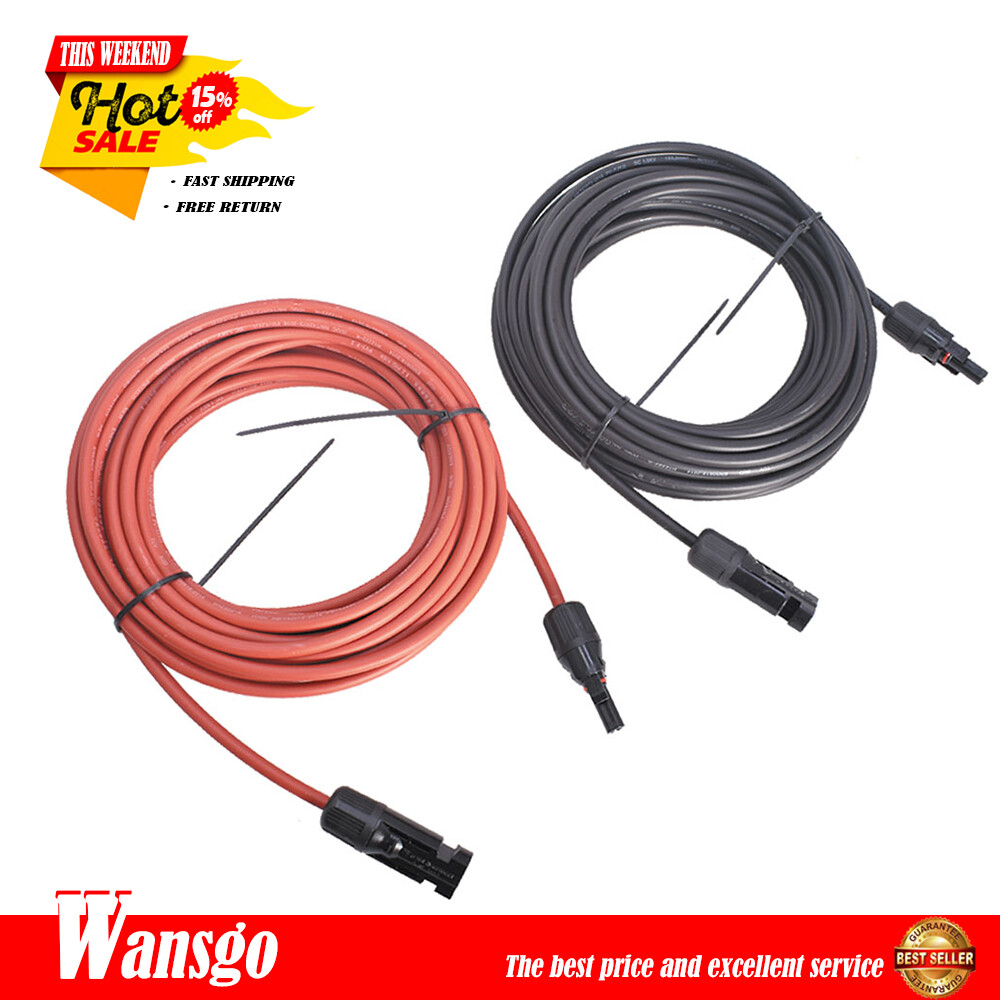 New Solar Panel Extension Cable Wire Connector 1 Pair 30ft Black + Red 12AWG