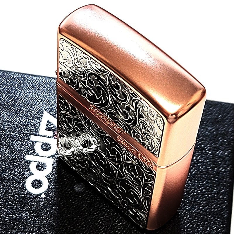 Zippo Logo Armor Arabesque Stripe Etching Pink Gold Matte Silver Lighter