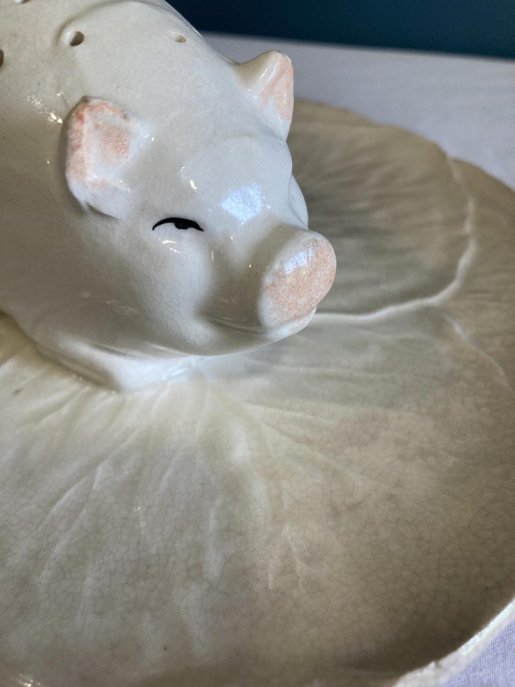 Vintage Ceramic Pig Canapé Holder on Leaf Dish