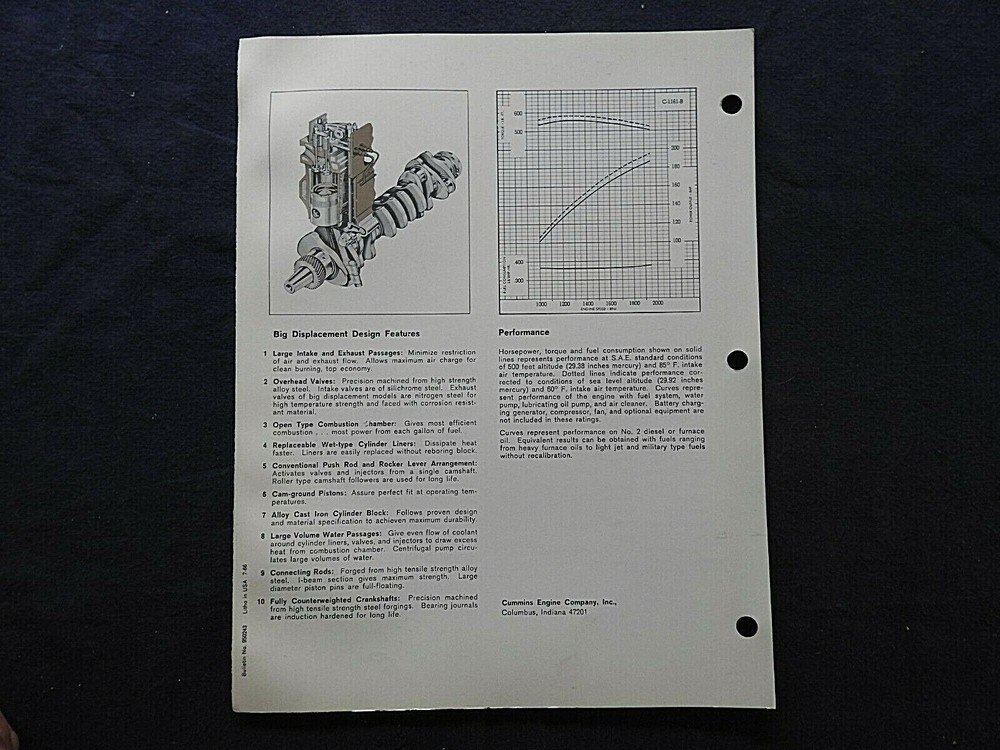 1966 GENUINE CUMMINS "NHE-195 DIESEL ENGINE" SPECIFICATION BROCHURE