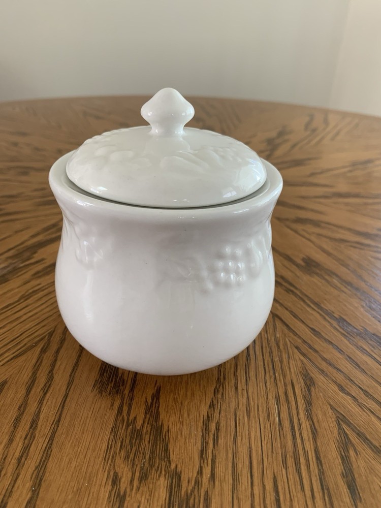 Gibson Cream & Sugar Set, White With Embossed Fruit Design, Ceramic, EUC