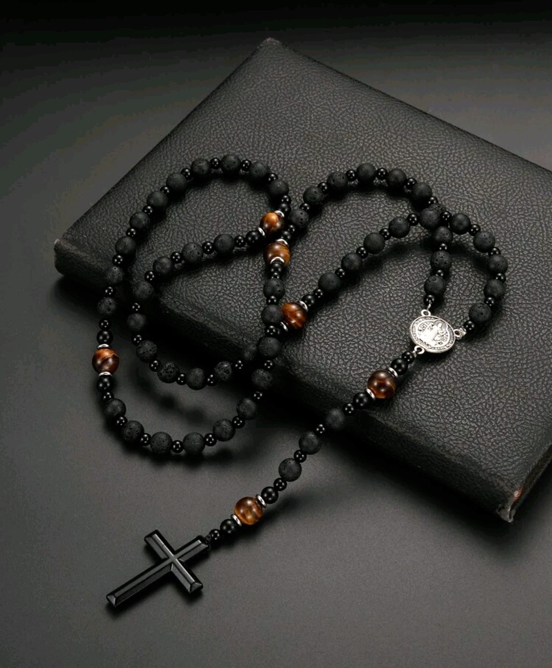 Men's Rosary St. Benedict Medal Black Lava Stone & Tiger Bead
