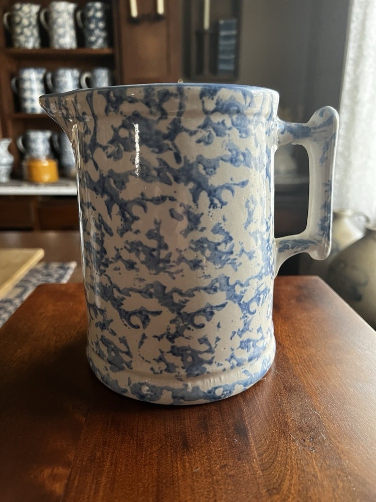 Antique Blue & White Spongeware Hallboy Pitcher – Nice Pattern – Early Stoneware