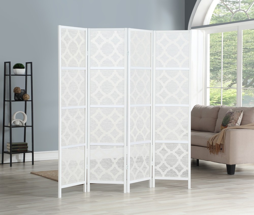4-Panel White Diamond Design Room Divider Screen, Modern Privacy Partition