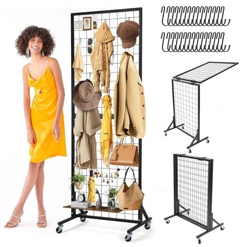 Foldable Grid Wall Panels Display Rack 5.6' x 2' FT, 30 Hooks, Movable Retail St