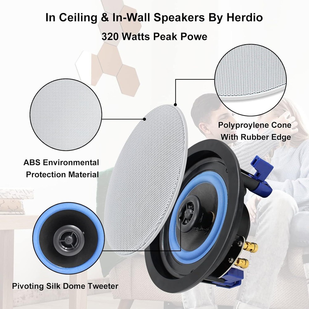 Herdio 4PCS Ceiling Speakers +4 Channel Bluetooth Amplifier Receiver Theater