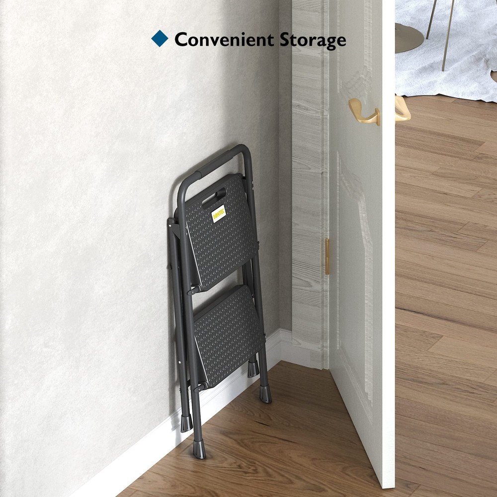 BONTEC 2-Step Ladder, Folding Step Stool, 2-Step, 600lbs Max Load, Black