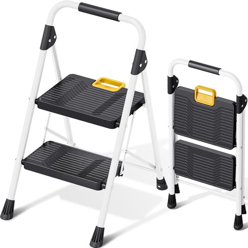 KINGRACK 2 Step Folding Ladder, 800lbs Capacity Stool with 2-STEP, White