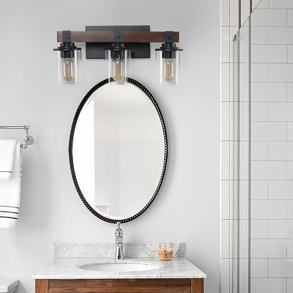 Black Round Mirror Wall Mounted Circle Vanity Wall Bathroom Mirror with 3-Lights