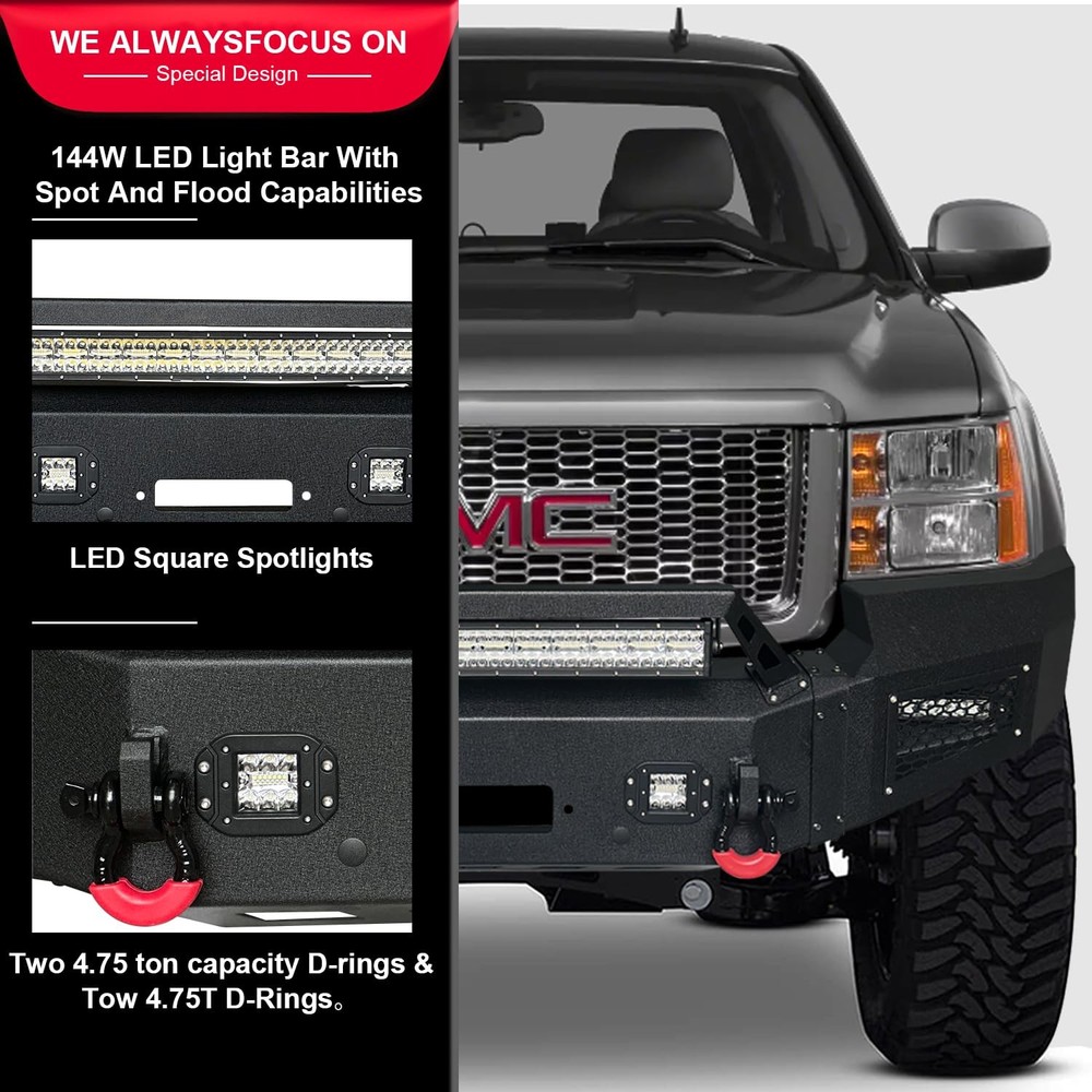 Front Bumper for 2007-2013 Sierra 1500 Winch Plate Sensor Hole D-Ring Lights