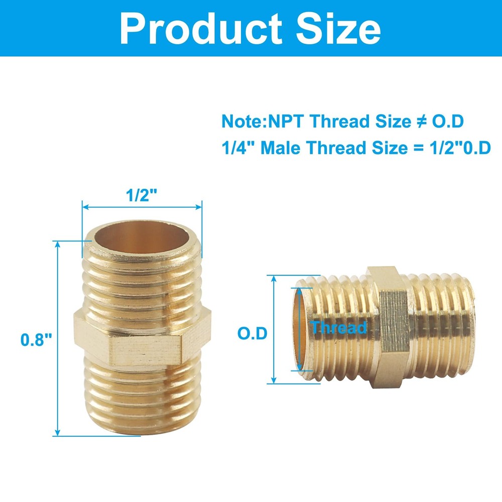 2 pcs Solid Brass Pipe Fitting, Hex Nipple, 1/4" x 1/4" NPT Male Pipe Adapter