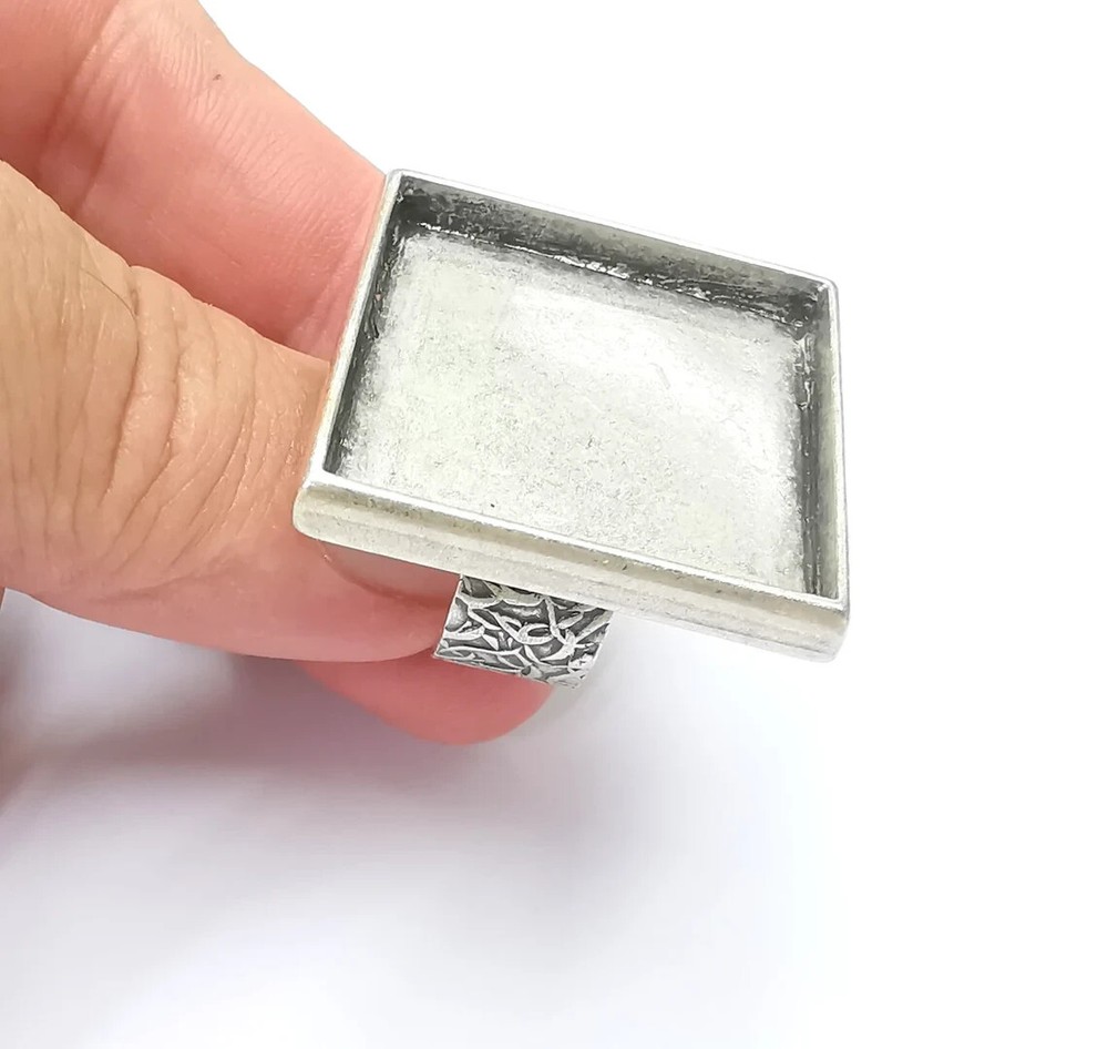 Square Antique Silver Ring Blank Settings, Cabochon Mounting Adjustable Resin