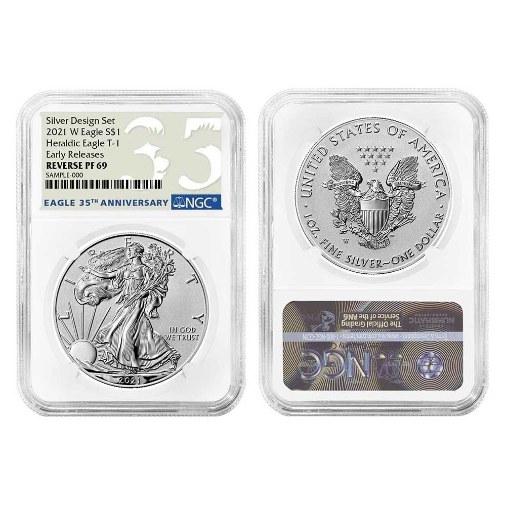 2021 Reverse Proof American Silver Eagle Designer 2pc Set NGC PF69 ER 35th An...