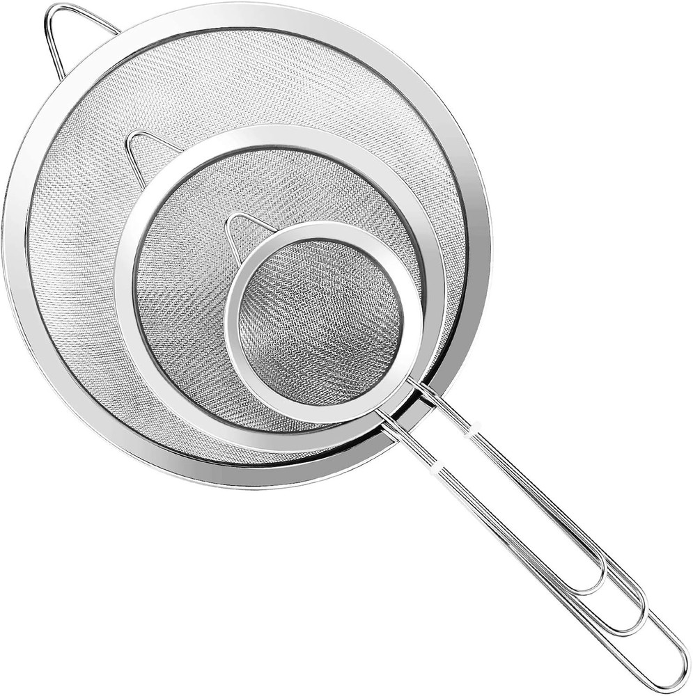 3Pcs Super Wire Extra Fine Mesh Strainer with Handle, Small Medium Silver