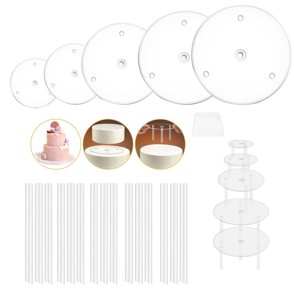 5 Pcs Cake Separator Plates Base Stands with 15 Pcs Plastic Dowel Rods