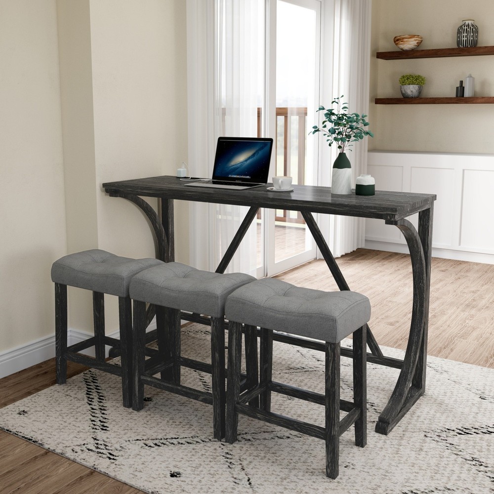 4 Piece Bar Table Set Kitchen Counter Height Table Dining Table w/ 3 Bar Stools