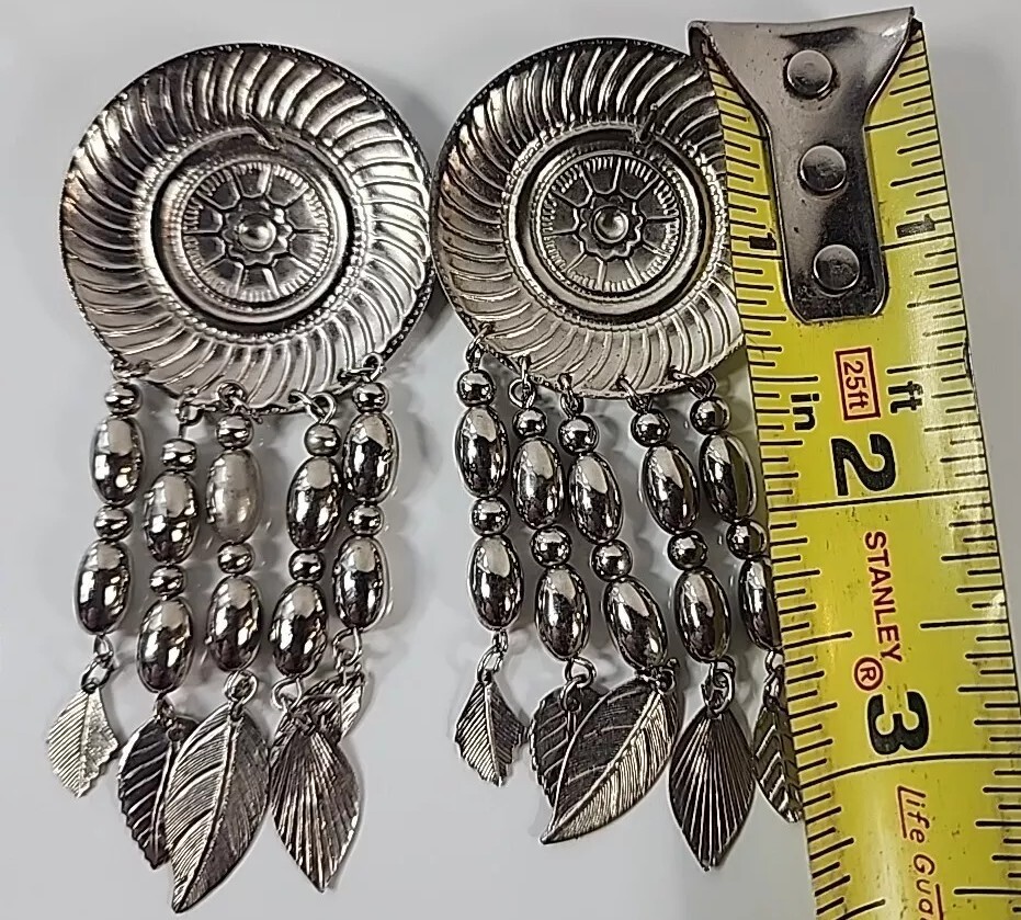 Concho Post Earrings w/Articulating Silver Feathers, 3” Long