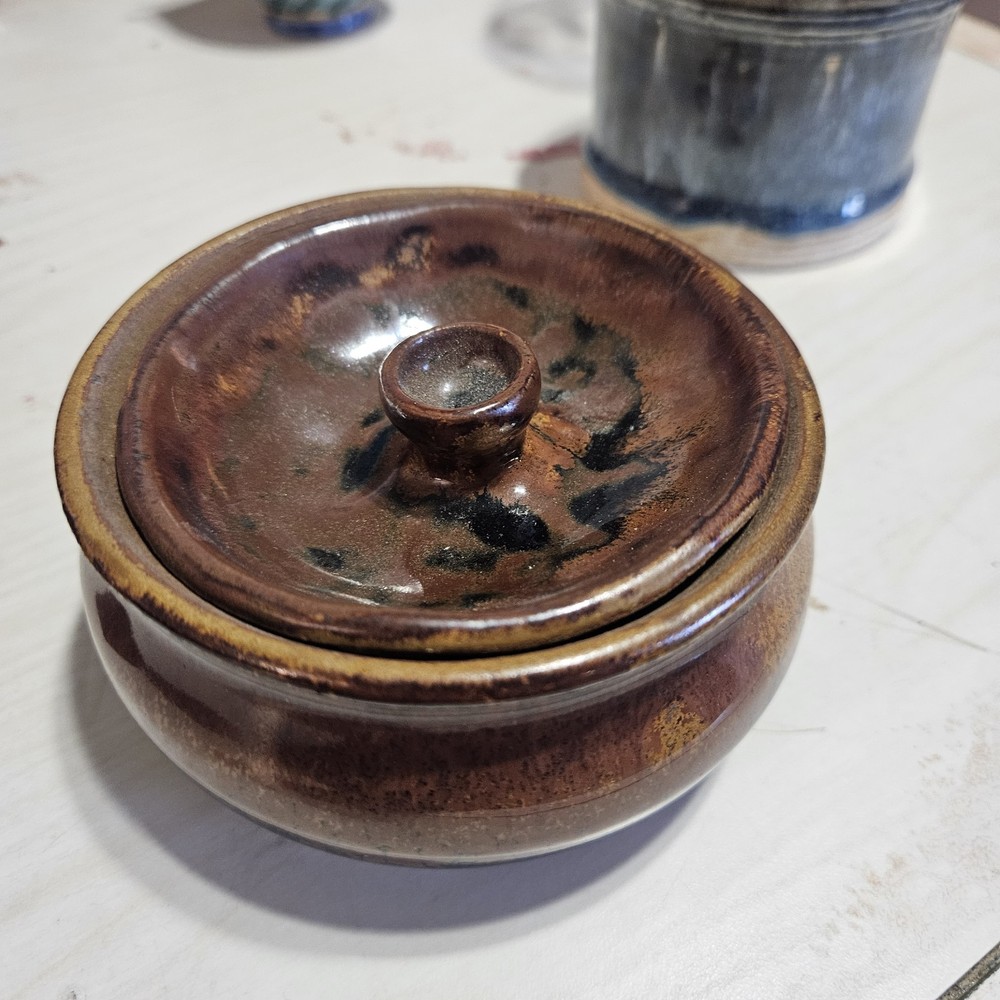 JO Handmade Brown Ceramic Jar With Lid Handle, Spiral Pattern, Glossy Finish