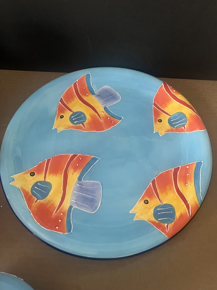 Vintage Baum Bros Hand Painted Fish Design Pitcher & Plate 2 Piece Set .