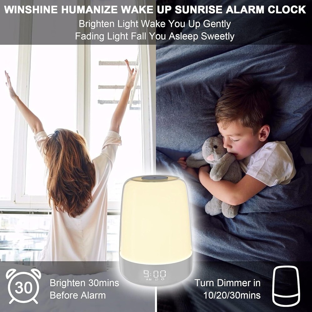 Touch Wake Up Night Light Sunrise Simulation Alarm Clock,3 Ways Dimmable Warm