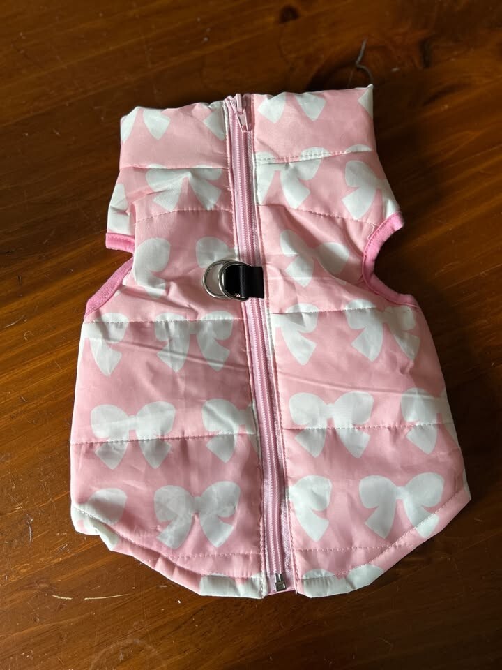Dog Coat Jacket No-Pull Harness Pink Bow Design Zip Closure D-Rings Size M