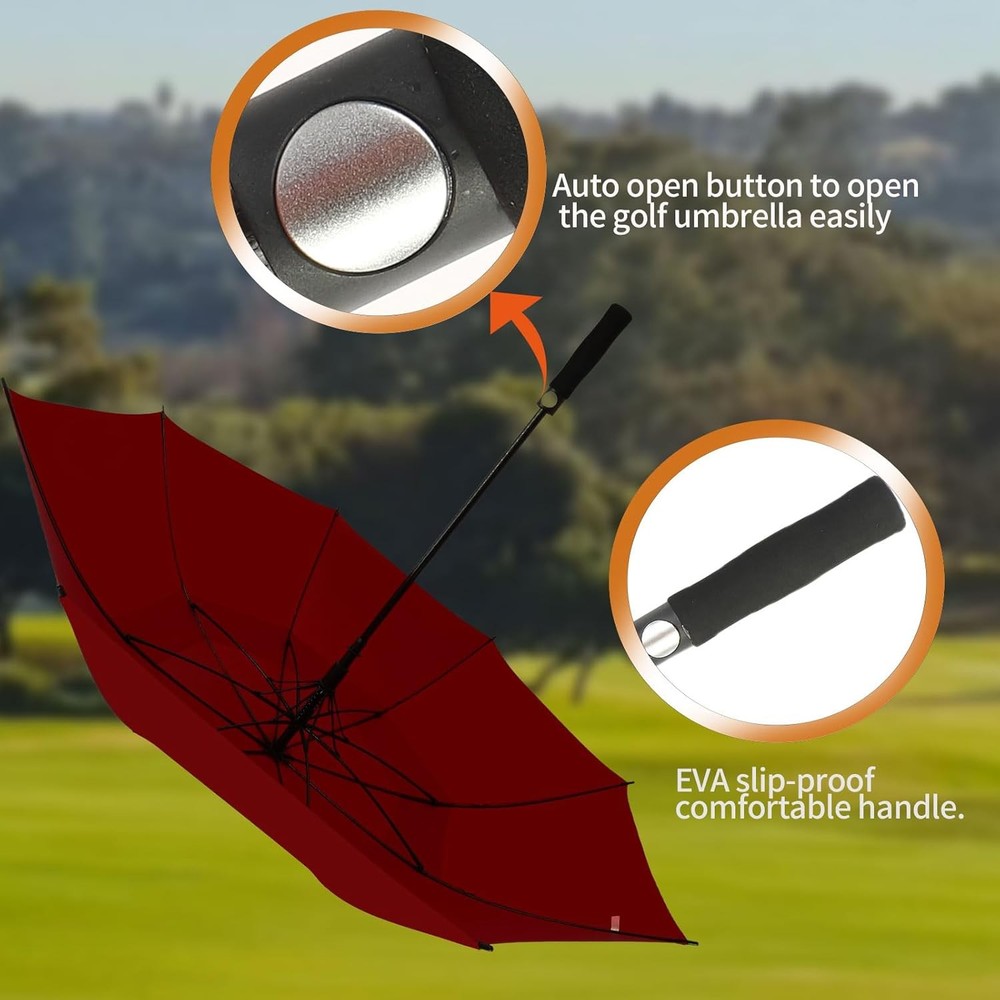 Automatic Open Extra Large Golf Umbrella Windproof Heavy Duty 62 Inch, Wine