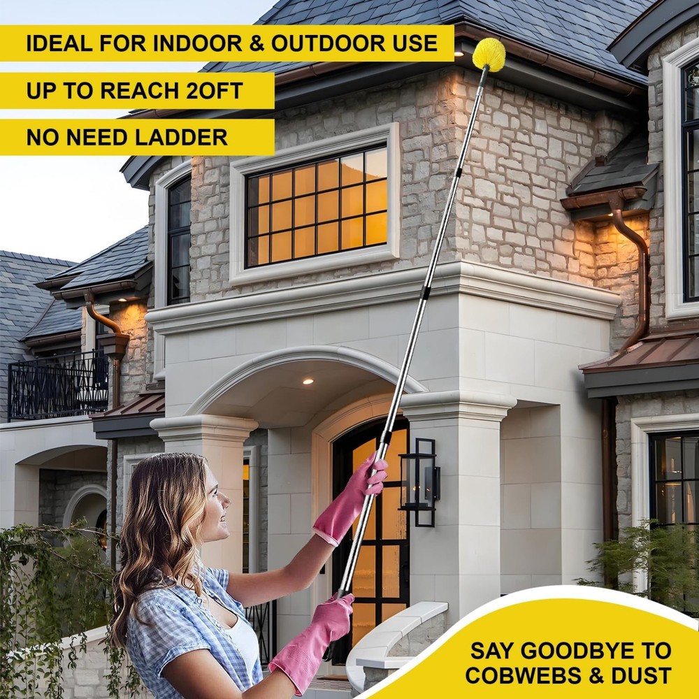 Cobweb Duster with Extension Pole，6-Feet Handle Aluminum Telescoping Pole