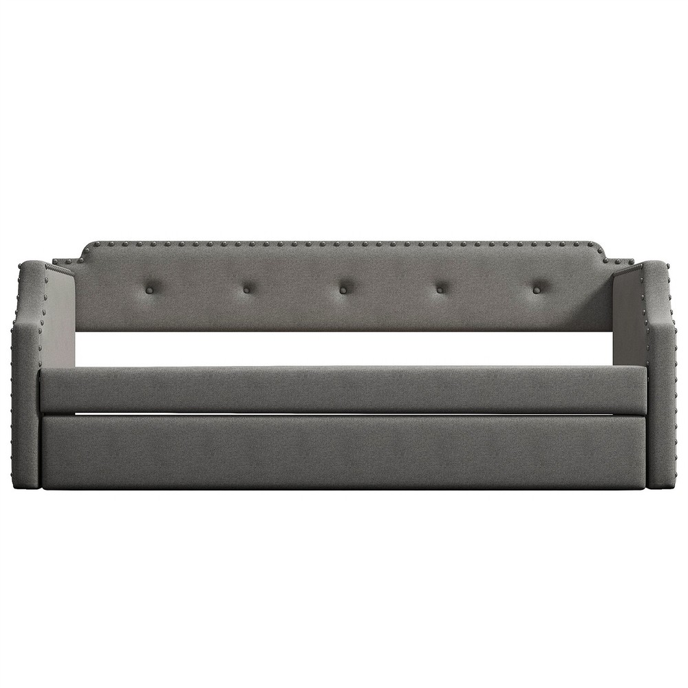 Twin Size Daybed w/ Pull-Out Trundle Bed Upholstered Bed Frame Sofa Bed US