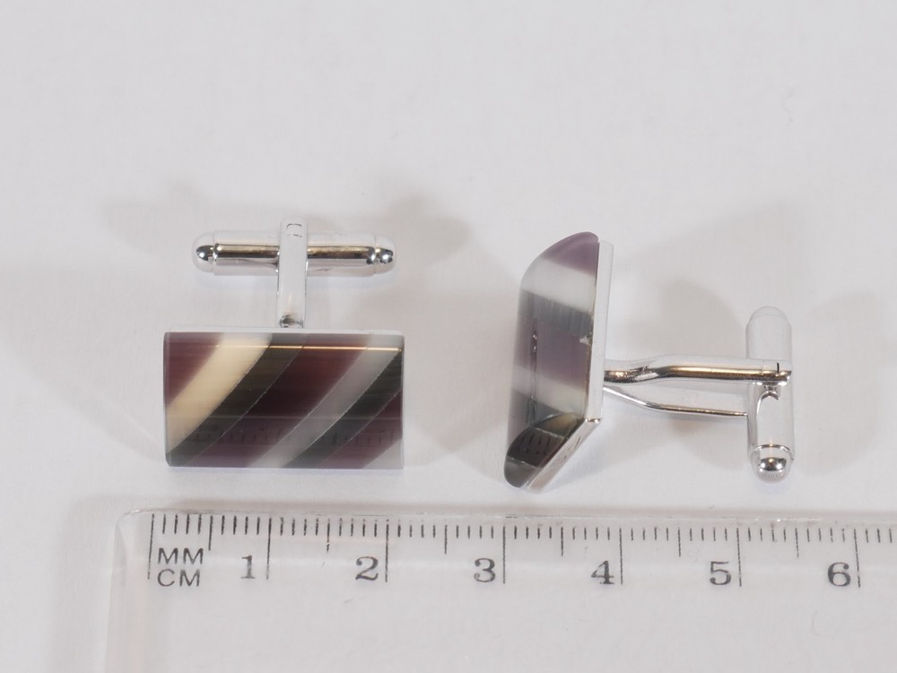 Mens Silver Tone Striped Cufflinks Purple Cream Black Rectangular