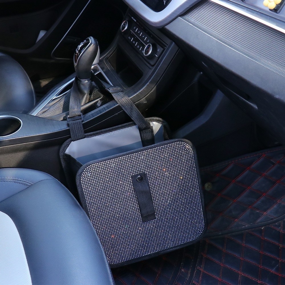 Bling Car Trash Can with Rhinestones, Foldable Hanging Bin & Multi-Functional