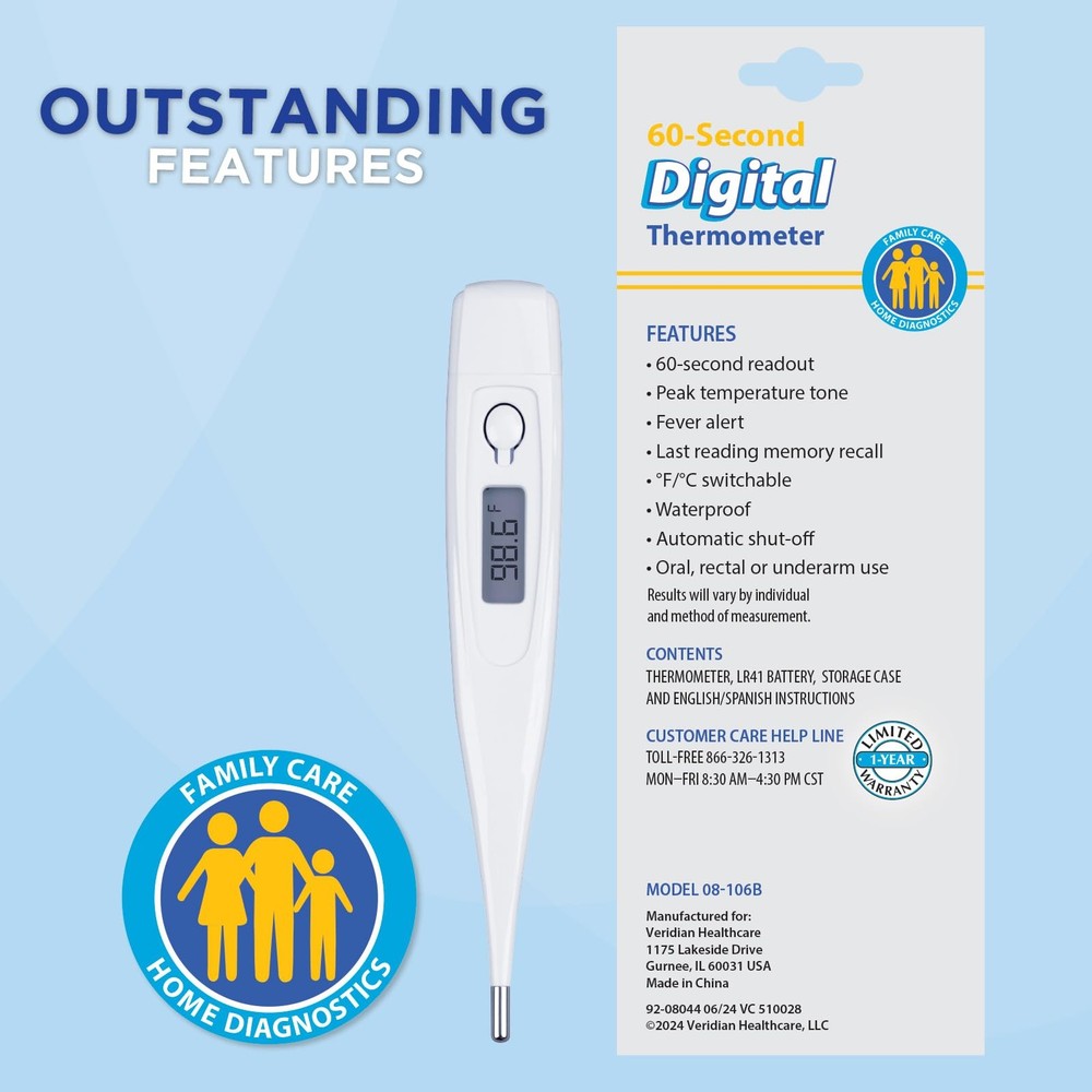 Digital Thermometer 60 Second Read Fever Alert Memory Clinical Rigid Tip