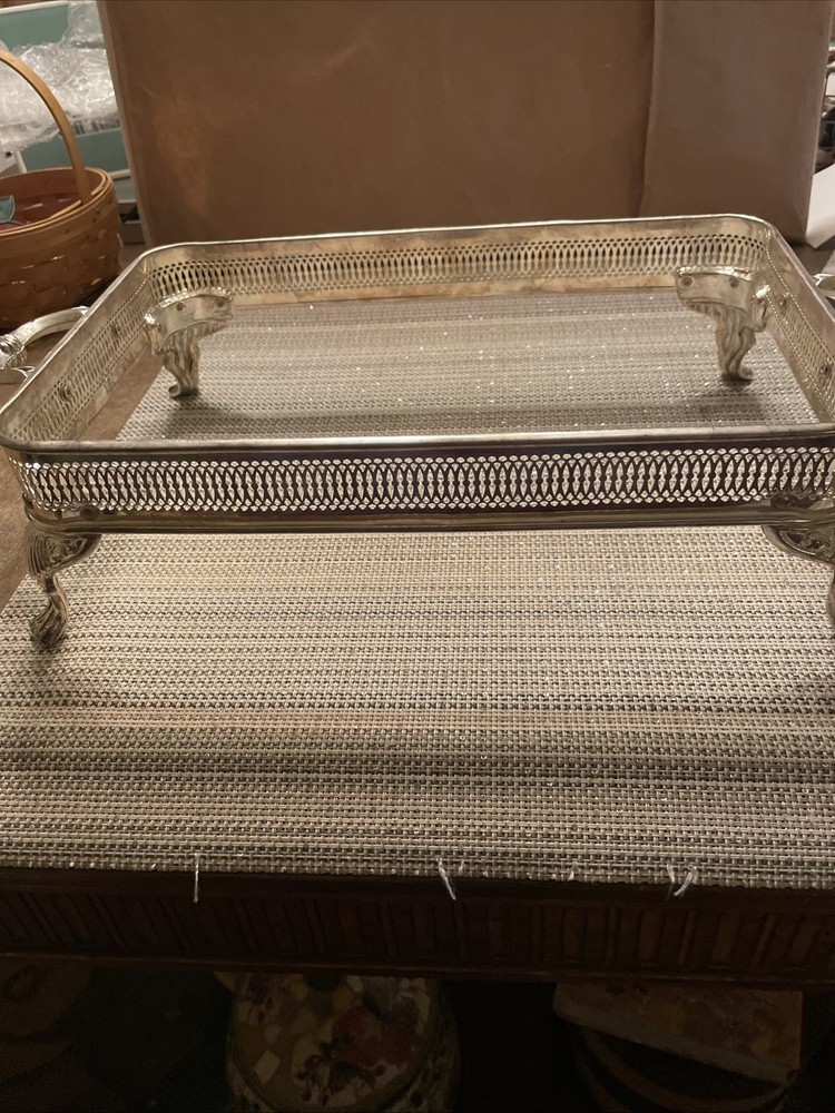 TRAY Silverplate Rectangular Ornate Handles Feet 13” X 8”