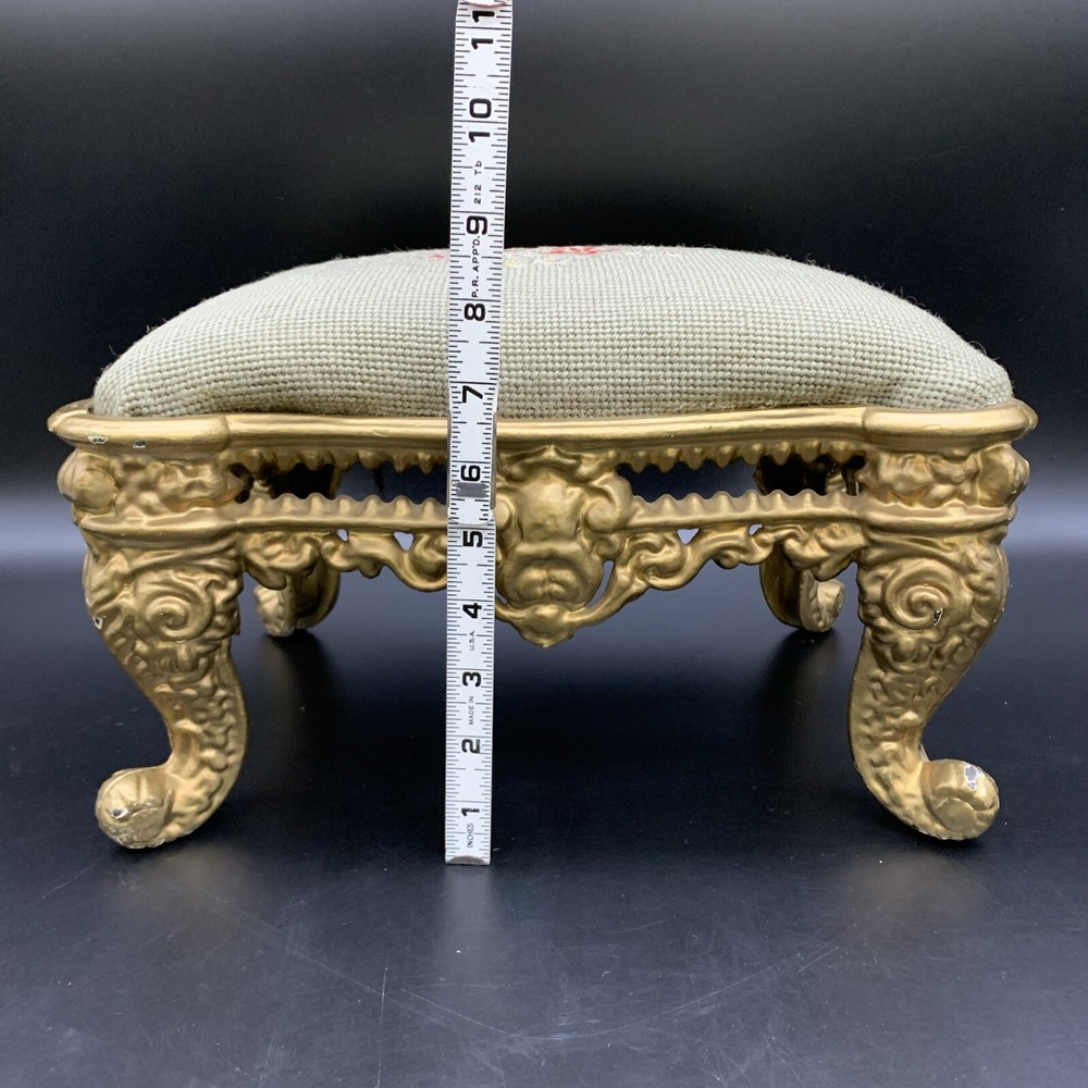 VTG Needlepoint Tiny Footstool with Metal Legs – Charming Petite Accent Stool