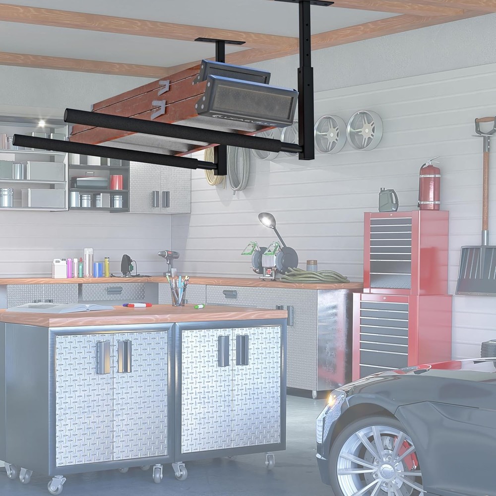 Adjustable Ladder Ceiling Rack, Kayak Overhead Garage Storage Black