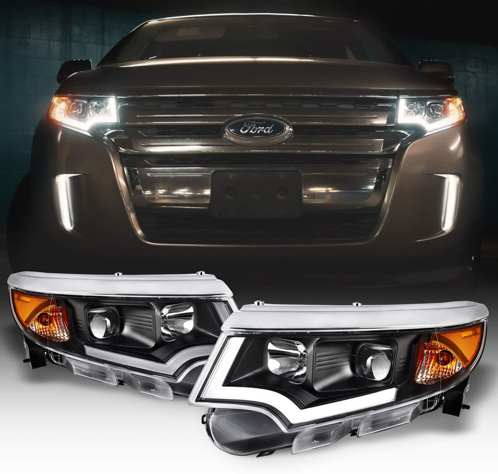 - LED DRL Black Projector Headlights Compatible with 2011-2014 Ford Edge Halogen