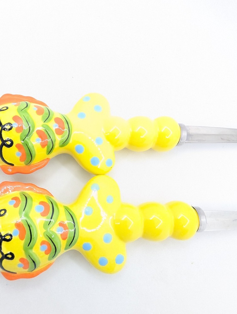 Set Serving Fork & Spoon Salad Ceramic Fish yellow vibrant 11.25" stainless