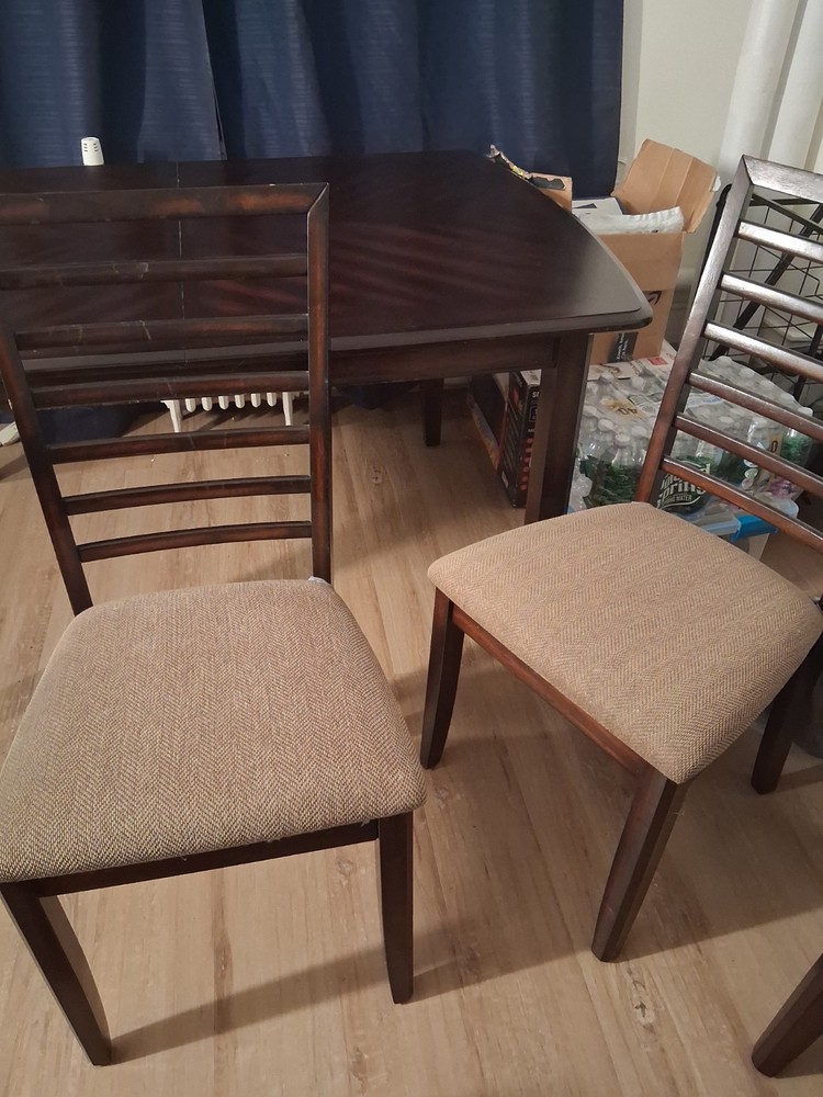 Dark Brown Gloss Wood Rectangular Dining Table Set with 4 Beige Chairs