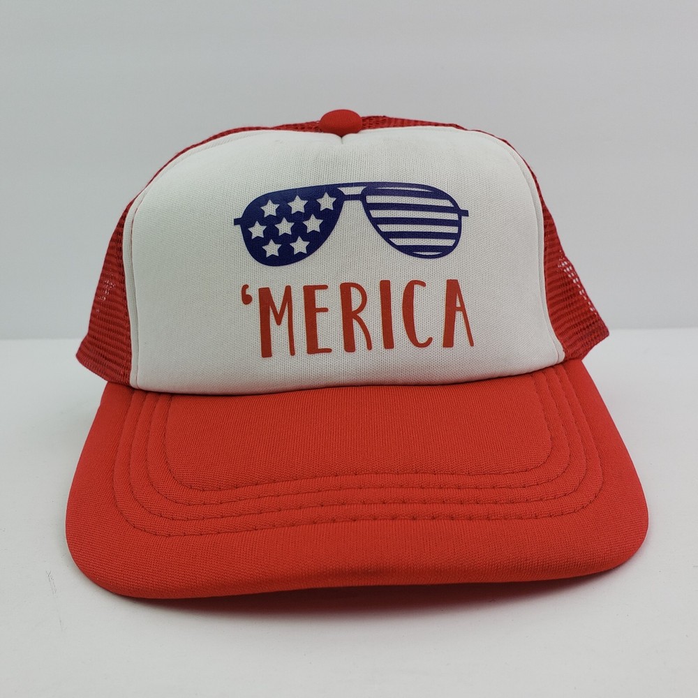 Tiny Trucker Merica Patriotic Youth OS Red Mesh Back Trucker Snapback Cap Hat